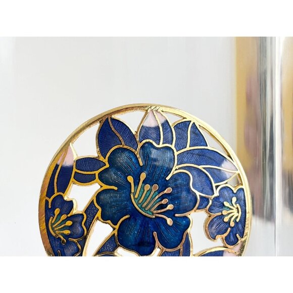 Blue Cloissone Floral Circular Gold Toned XL 90's Vintage Lapel Brooch Pin - Picture 2 of 9